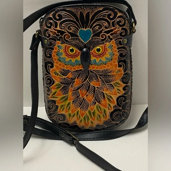 Blue Heart Owl Cross-body Purse Hand tooled Leather Multicolored - Picture 2 of 16